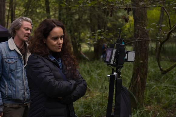 Director Sonja Prosenc (and Norwegian actor Kristoffer Joner) on the set