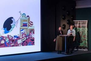 Barbara KOSKÓ - Screenwriter and Krisztina MURÁNYI - Director on stage pitching the project