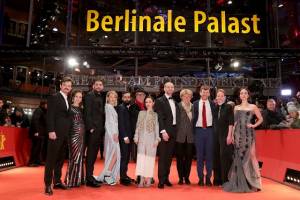The image shows from left-right, Dawid Ogrodnik (Poland), Kristin Thora Haraldsd&oacute;ttir (Iceland), Milan Marić (Serbia),  Ine Marie Wilmann (Norway),  Ardalan Esmaili (Sweden), Dieter Kosslick (Festival Director of the Berlin International Film Festival), Emma Drogunova (Germany), Blagoj Veselinov (FYR of Macedonia),  Monika Gr&uuml;tters (German Federal Government Commissioner of Culture and the Media), Elliott Crosset Hove (Denmark), Rea Lest (Estonia),  Aisling Franciosi (Ireland)
